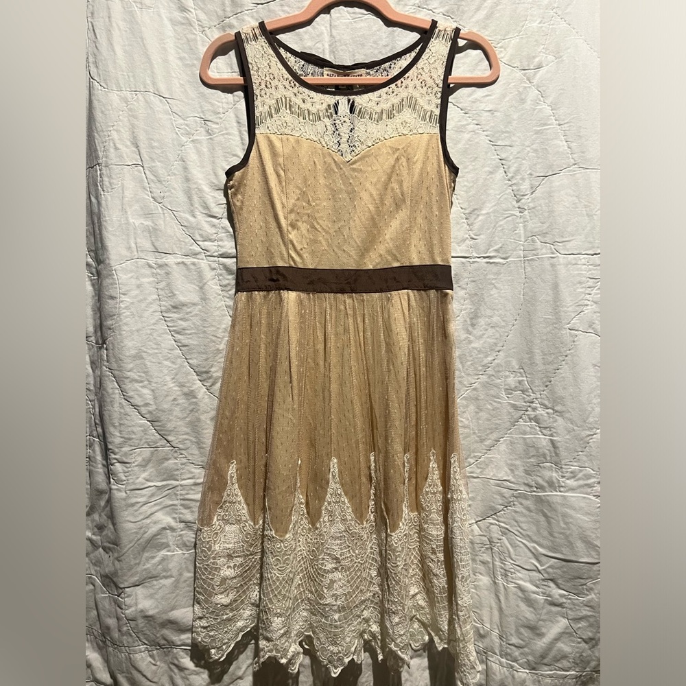 ALTAR’D STATE Brown Lace Overlay Dress Size Small Boho Bows Tulle Sleeveless